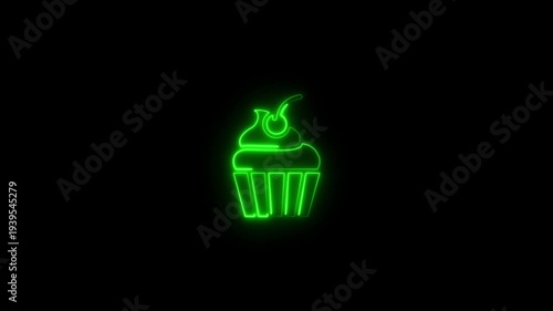 Neon Green Cupcake with Cherry on Isolated on Black Background