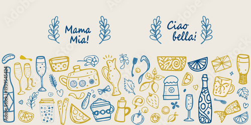 Hand drawn illustration featuring italian phrases and various kitchen and drink items