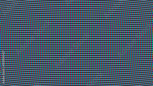 Close up of pixel grid on curved vintage cathode ray tube screen. Macro view of red green and blue subpixels on digital monitor. Technology glitch and retro electronic display background.