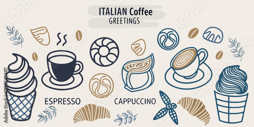 Italian coffee variations and elements illustrated in a decorative style
