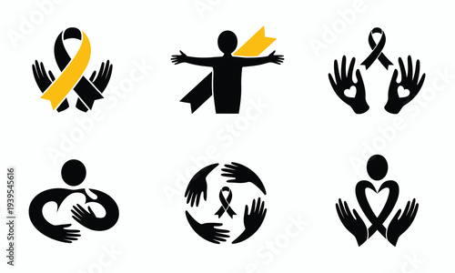 Human Silhouettes and Ribbons, vector illustration set representing support, unity, awareness, and community campaigns, isolated graphics ideal for social causes, nonprofit projects, 