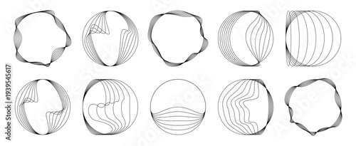 Set of abstract circular vector elements. Black linear geometric shapes with wave distortion patterns. Modern minimalist design collection for technology background and graphic element.
