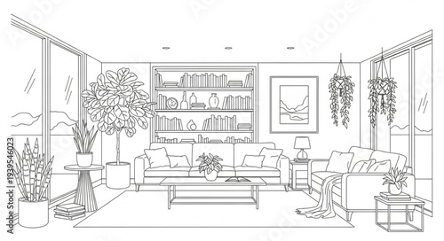 Modern Living Room Interior with Shelves and Plants.