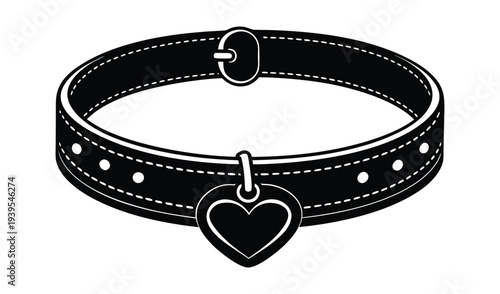 Black Leather Dog Collar with Heart Charm, Simple Vector Illustration