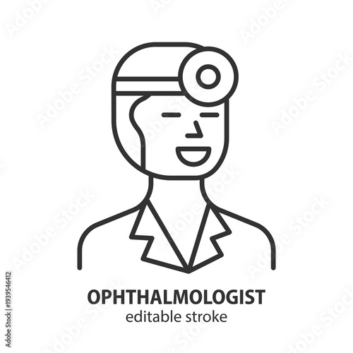 Ophthalmologist line icon. Professional eye doctor with head mirror light. Medical specialist avatar. Vector illustration. Editable stroke.