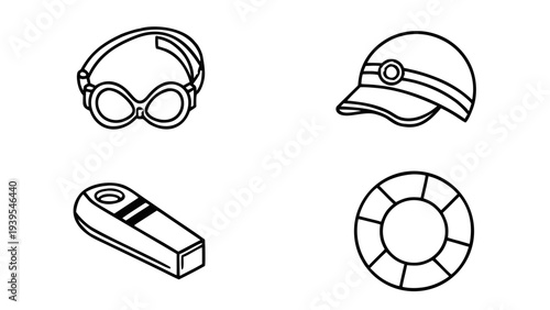 Summer Beach Icon Set - Goggles Sun Hat Sunscreen and Life Ring Outline Vector