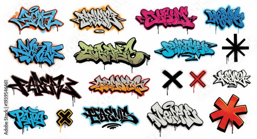 Collection of Colorful Graffiti Tags and Street Art.
