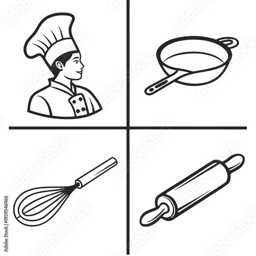 Chef and Cooking Icon Set - Professional Cook Whisk Rolling Pin and Pan Outline Vector