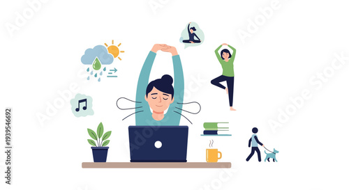 Well-being & Work-Life Balance: Woman Stretching at Laptop, Surrounded by Self-Care Icons for Healthy Remote Work Habits