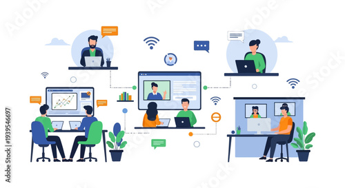Remote Work & Virtual Collaboration Network: Online Meetings, E-learning, and Hybrid Teams. Digital Communication for Global Connectivity and Modern Business