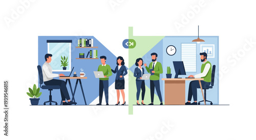 Modern Hybrid Workplace Illustration: Business Professionals Collaborating, Remote Working, Coding & Developing with Technology