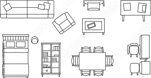 Flat vector home furniture layout with sofas tables chairs bookshelf desk