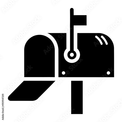 Mailbox icon open with raised flag for postal delivery and communication black silhouette