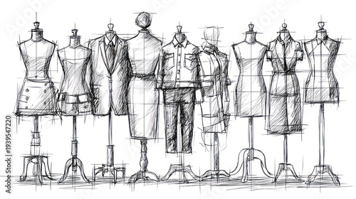 Row of dress forms displayed for fashion and design in studio