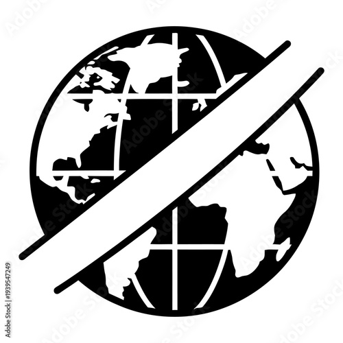 Globe with diagonal line representing prohibition or cancellation, minimalist black and white icon