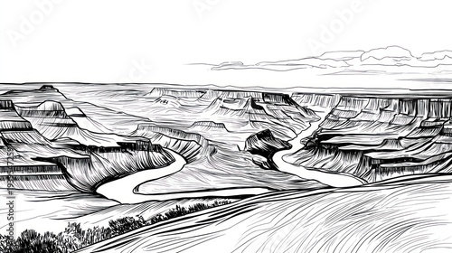 Black and white canyon landscape drawing