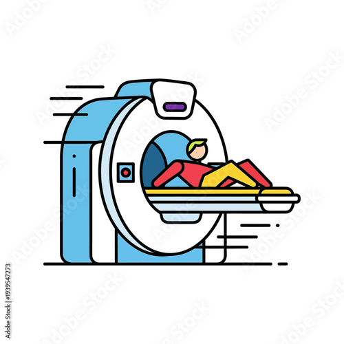 Medical CT scanner machine with patient lying on examination table, modern healthcare technology concept