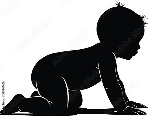 Baby crawling silhouette icon, infant child development stage illustration, toddler learning movement symbol vector isolated design