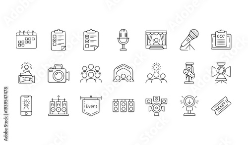 Event management linear icon collection with calendar ticket stage and celebration symbols