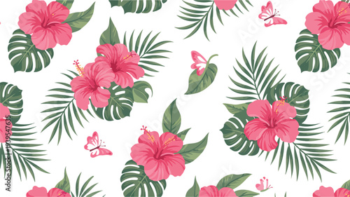 Tropical seamless pattern with hibiscus flowers palm leaves and butterflies coral pink