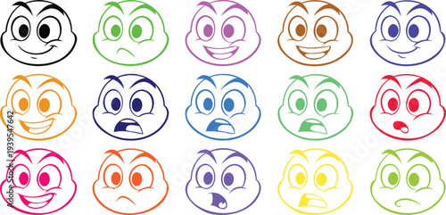 Cartoon faces with bright colors that show emotions