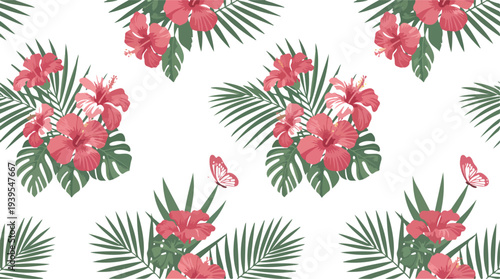 Exotic seamless pattern with pink hibiscus flowers green palm leaves and butterflies