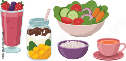 Healthy breakfast collection with fruit smoothie bowl salad and herbal tea for wellness lifestyle and nutrition