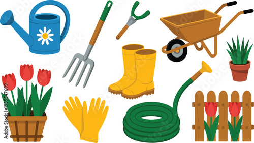 Assorted garden equipment including blue watering can wooden pitchfork wheelbarrow and red flowers in a pot