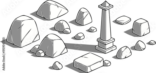 Vector illustration set featuring a cartoon axe, shovel, and sword silhouette for camping and nature travel design icons near a summer beach vacation sign