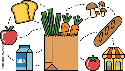 Grocery shopping concept with paper bag full of vegetables milk bread apple and local store icon on white