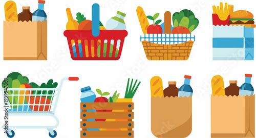 Set of grocery bags, shopping basket, and cart filled with food, drinks, and fast food items