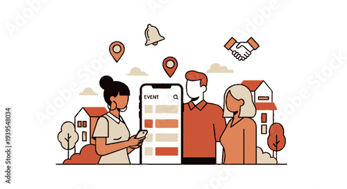 People interact with a large smartphone displaying a home buying app interface outdoors