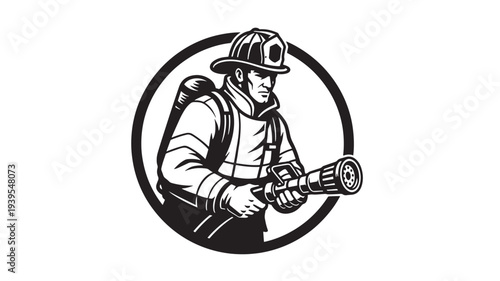 Firefighter holding hose with water spray, wearing helmet and gear inside a circle, black and white illustration.
