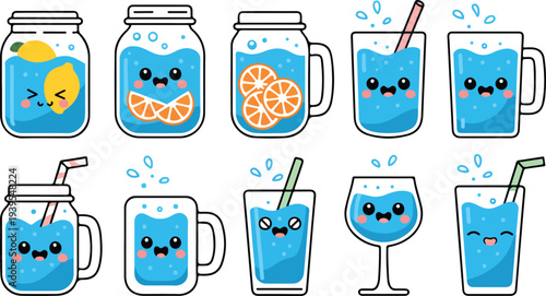 Kawaii style water drinks in various glasses and jars with cute cartoon faces and fruit slices