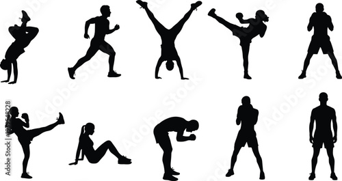 Boxing and fitness workout silhouettes set, black and white vector illustration of athletes training, kicking, running and exercising