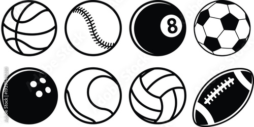 Sports ball icon collection vector including basketball, baseball, soccer, billiard, bowling, tennis, volleyball and football isolated on white