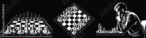 Chess game strategy illustration, chessboard with pieces and player thinking, classic board game competition concept vector design