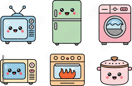 Cute kawaii style household appliances icons set with smiling faces on television fridge washer and stove