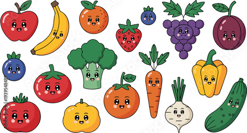 Set of various kawaii style fruits and vegetables with cute cartoon faces and bright colors