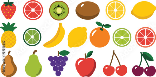 Fresh organic fruit icons collection featuring strawberry kiwi pineapple orange grapes apple and cherry set