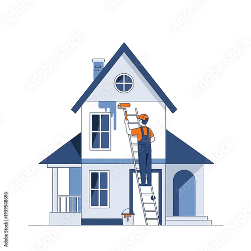 House painting, painter on ladder painting exterior wall of residential building