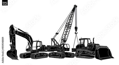 Heavy Construction Equipment Silhouette - Excavator, Crane, Bulldozer