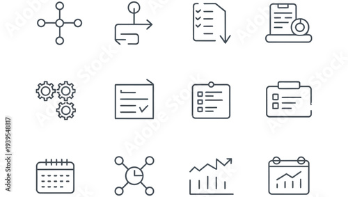 Collection of linear icons depicting business data and process management concepts