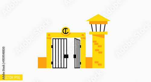 Prison Entrance Gate with Guard Tower - Flat Design Illustration