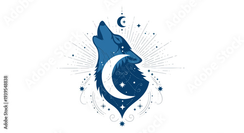 Mystical Wolf Howling at Crescent Moon with Stars and Cosmic Rays