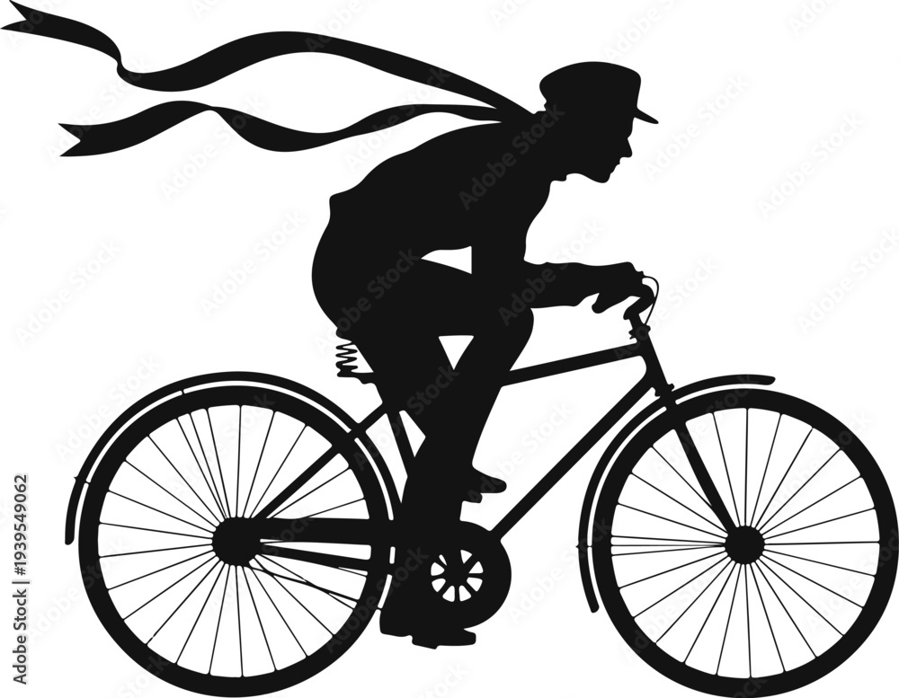 Obraz premium Silhouette of a person in a hat riding a bicycle with a flowing scarf on a white background woman