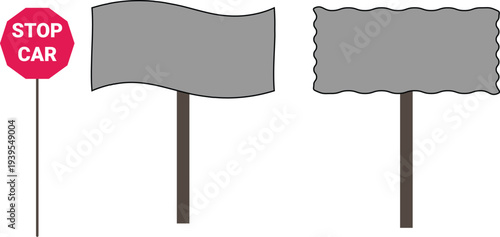 Set of 3 vector road signs and blank banner templates, including a red stop sign with 'STOP CAR' text and two gray blank signs on poles for custom messaging