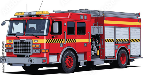 Detailed red fire truck illustration with emergency lights, equipment compartments, control panel, bold striping, large tires, and durable grille for firefighting and rescue operations