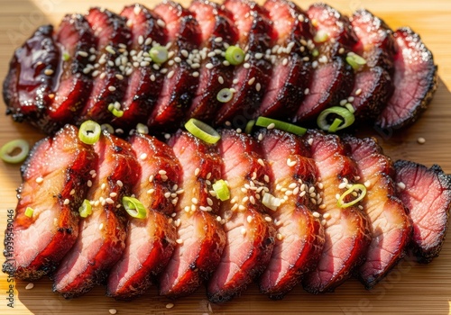 Deliciously glazed and sliced char siu pork on a wooden cutting board with sesame seeds and green onions
