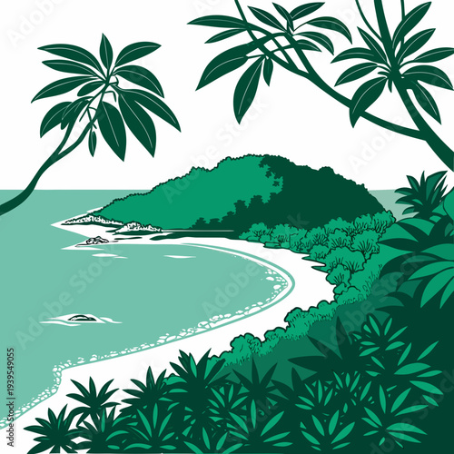 Tropical beach landscape with palm trees and lush greenery on a white sandy shore by turquoise sea water on sunny day